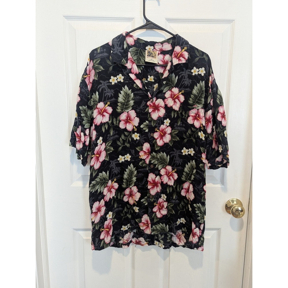 Vintage Hawaiian Shirtโ XL Rayon Hibiscus Floral Aloha Resortcore Black USA